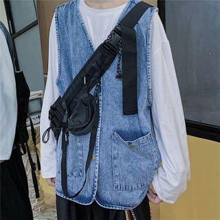 Front Pocket Sleeveless Denim Button Jacket