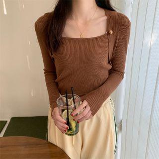 Square Neck Long Sleeve Plain Knit Top