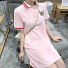 Embroidered Short-sleeve Polo Shirt Dress Pink - One Size