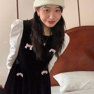 Long-sleeve Bow Accent Velvet Panel Midi A-line Dress Black - One Size