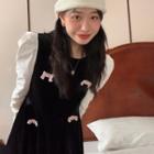 Long-sleeve Bow Accent Velvet Panel Midi A-line Dress Black - One Size