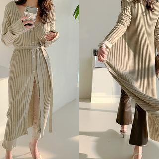 Rib-knit Long Cardigan With Sash Beige - One Size