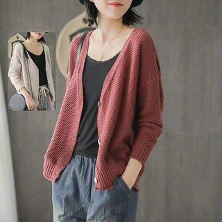 V-neck Plain Loose-fit Cardigan