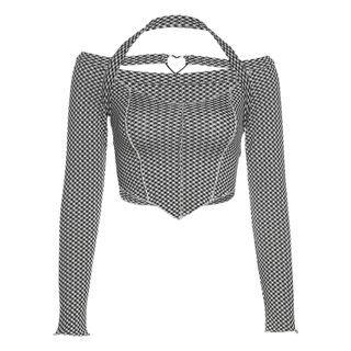 Plaid Off-shoulder Long-sleeve Cropped Halter Top
