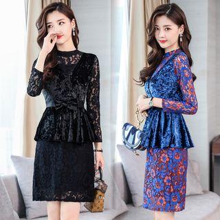 Long-sleeve Lace-panel Peplum Dress