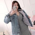 Faux-fur Collar Denim Jacket Blue - One Size