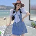 Puff-sleeve Bow-front Denim Mini A-line Dress