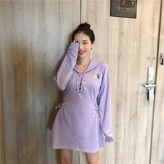 Print Long-sleeve Hooded Dress Purple - One Size