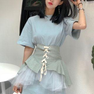 Set: Plain Elbow Sleeve T-shirt Dress + Waist Belt