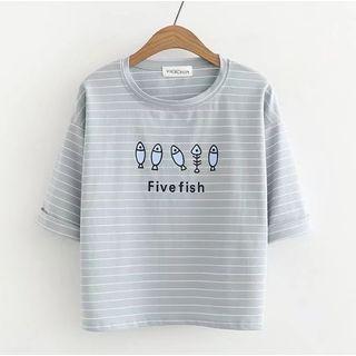 Elbow-sleeve Striped Fish Print T-shirt