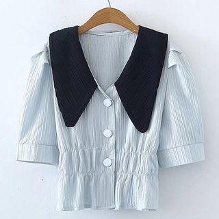 Puff-sleeve Shirred Collared Blouse