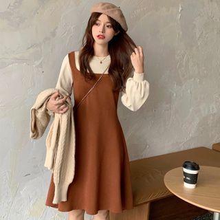 Long-sleeve Mock Two-piece Knit A-line Dress