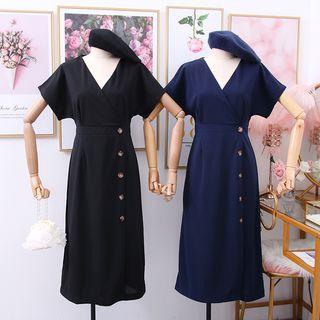 Retro V-neck High Waist Short-sleeved Split Dress