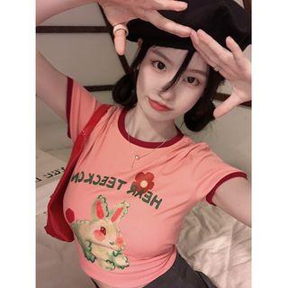 Color Block Print Short-sleeve Cropped Round-neck Top