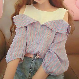 Striped Elbow-sleeve Cold Shoulder Blouse