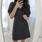 Petite Size Puff-sleeve Tweed Mini Wrap Dress
