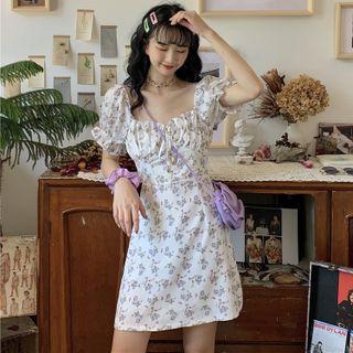 Short-sleeve Flower Print Mini A-line Dress Floral - White - One Size