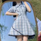 Short-sleeve Plaid Lace Trim Mini A-line Qipao Dress