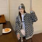 Checkerboard Fluffy Hooded Zip Jacket Check - Black & White - One Size