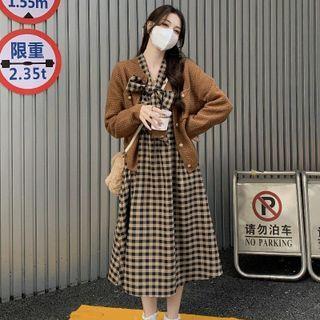 Gingham Midi A-line Dress / Plain Cardigan