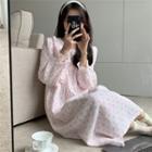 Long-sleeve Bow Print Sleep Dress Pink - One Size