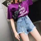 Set: Short Sleeve Letter Print T-shirt + Frayed Denim Shorts