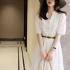 Short-sleeve V-neck Flower Midi A-line Dress