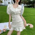 Short-sleeve Ruched Ruffle Hem Mini Sheath Dress