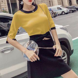 Contrast Trim Elbow-sleeve Knit Top / A-line Knit Skirt / Set