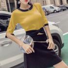 Contrast Trim Elbow-sleeve Knit Top / A-line Knit Skirt / Set