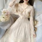Set: Bell-sleeve Lace Midi A-line Dress + Floral Embroidered Shawl