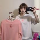 Elbow-sleeve Cutout Fruit Embroidery T-shirt