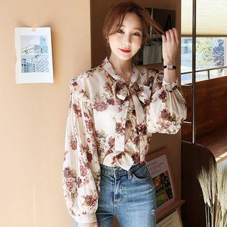 Tie-neck Bishop-sleeve Floral Blouse Beige - One Size