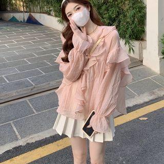 V-neck Plain Blouse / Plain Pleated Mini Skirt