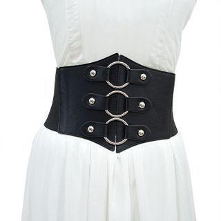 Hoop Buckled Faux Leather Wide Belt Black - One Size