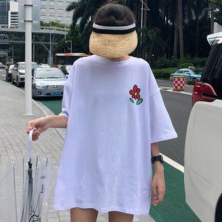 Flower Print Elbow Sleeve T-shirt T-shirt - One Size
