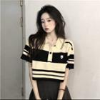 Short-sleeve Striped Polo Knit Top Almond - One Size