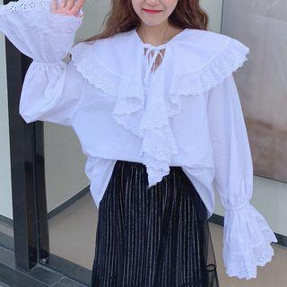 Lace Trim Bell Sleeve Ruffled Blouse White - One Size