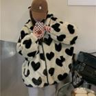 Heart Print Hooded Zip-up Fleece Jacket Black & Beige - One Size