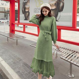 Mock-turtleneck Mesh Hem Midi Rib Knit Dress