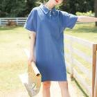 Short-sleeve Floral Embroidered Polo Dress Blue - One Size