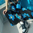 Flower-pattern Ribbed Boot-cut Pants