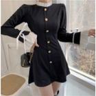 Long-sleeve Two-tone Frill Trim Button-up Mini A-line Dress