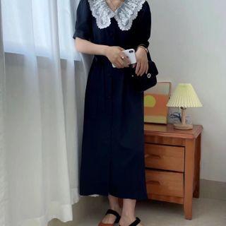 Short-sleeve Collared Midi A-line Dress Dark Blue - One Size