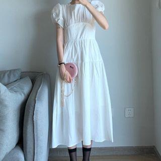 Puff-sleeve Open-back A-line Midi Dress White - One Size