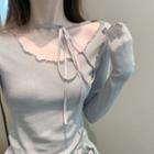 Long-sleeve Slit Top Gray - One Size