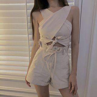 Cross Strap Tie-waist Crop Top / High Waist Shorts
