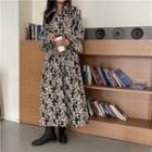 Long-sleeve Floral Midi A-line Dress Dress - Black - One Size