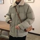 Fleece Collar Padded Zip Jacket Light Gray - One Size