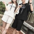 Couple Matching Set: Printed Hooded Short-sleeve T-shirt + Shorts